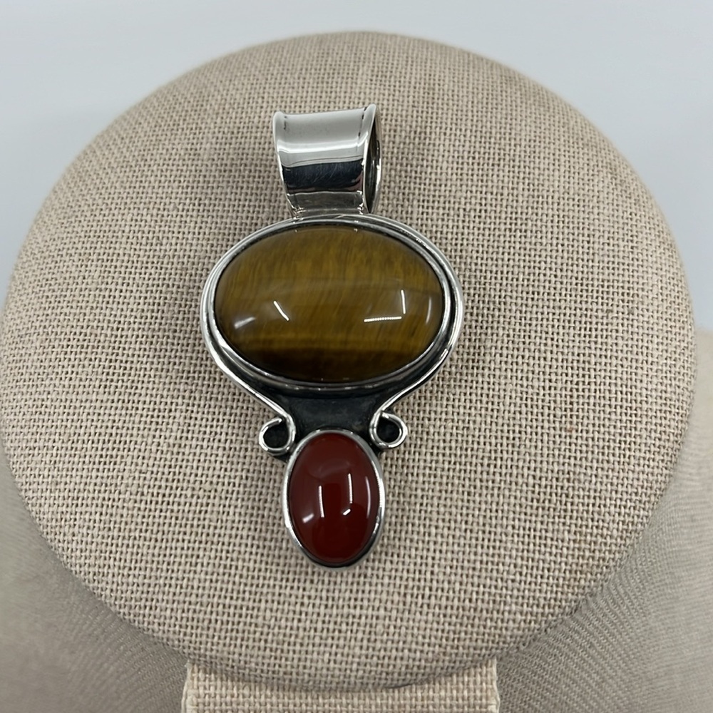 Vintage CII Mexico 925 Sterling Tiger's Eye & Carnelian Pendant Heavy 18.4g - Picture 7 of 16